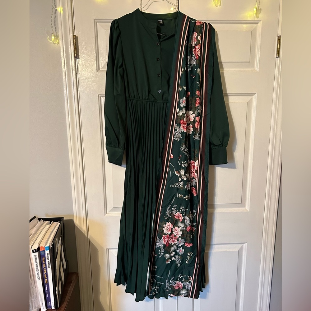 Green Satin Dress with Shoulder Sash